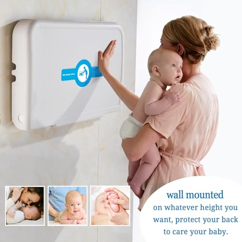KSITEX Baby Changing Table Wall Mounted,Baby Changing Station with Safrty Strap,HDPE Fold-Down Diaper Changing Station Table,Foldable Diaper Changing Unit for Commercial Bathroom Restroom(Horizontal)