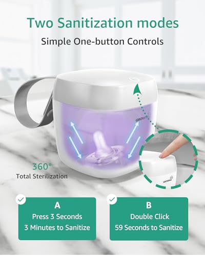 GROWNSY Pacifier Sanitizer Portable, UV Light Sanitizer on The Go for Baby, USB Charging Sanitizer Case, Mini Pacifier Sanitizer 99.99% Cleaned in 59 Seconds (White)