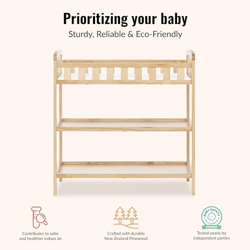 Dream On Me Emily Changing Table, Compact and Lightweight, Solid New Zealand Pinewood, Elevated Safety Rails, Two Storage Shelves, Includes Water-Resistant 1" Changing Pad — Natural