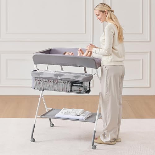 VEVOR Baby Changing Table, Foldable Diaper Change Station with Side Basket, Adjustable Height Changing Table with Lockable Wheels, Multi-Functional Nursery Storage Organizer, Gray