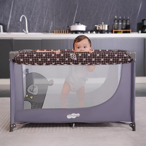Pamo Babe Compact Pack and Play - Portable Crib for Baby, Lightweight Foldable Travel Playard with Mattress Pad & Carry Bag, Safe Breathable Travel Bed for Home, Trips & Family Visits, Cute Pattern