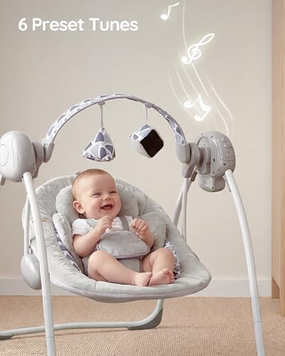 Portable Baby Swing for Infants, Adjustable Speed, Music & Timer, Easy to Fold, Indoor and Outdoor Use, Grey, 6-20 lbs