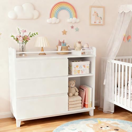 Einhomn Baby Changing Table Top, Multi-Functional Nursery Changing Table, 4 Drawers with 2 Open Shelves, Bedroom, White