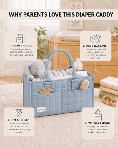 Lullawee Baby Diaper Caddy Organizer, Portable Nursery Storage Basket with Handle for Newborn Boy or Girl, Gift for Baby Shower Essentials, Registry Must Have Bag, Caddie Car Organizer, Blue