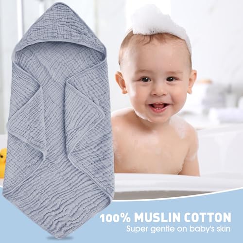 Synrroe Baby Hooded Bath Towel 2 Pack, 100% Muslin Cotton, 32x32 Inch - Matching Trim & Hood, Soft Absorbent Baby Toddler Towel for Newborns & Infants, Blue and Misty