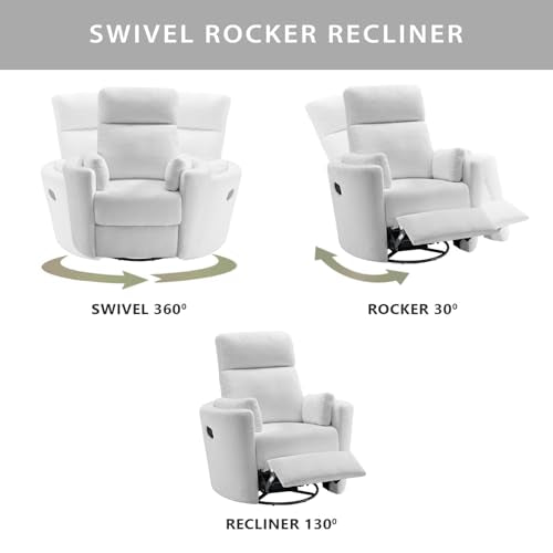 Soho Baby Nottingham Upholstered Glider Recliner Rocking Chair 360° Swivel for Nursery and Living Room, Plush White