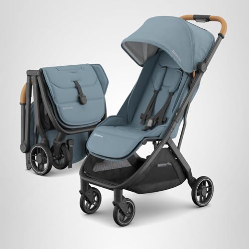 UPPAbaby Minu V3 Travel Stroller | Lightweight + Compact Design | One-Hand Fold + Unfold | from Birth + Overhead Compatible | Dillan (Stone Blue/Carbon Frame/Sand Leather)
