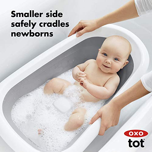 OXO Tot Splash & Store Bathtub | Baby Bathtub | Newborn Baby Essentials | for Keeping Bathtime Secure & Tidy | 0-18 Months | Tub Folds Flat for Compact Storage