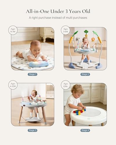 CuddoBaby Baby Jumper 4-Stage Convertible| Montessori -Inspired 8 Interactive Toys| Tummy Time Playmat, Bouncer, Exersaucer, Toddler Table| Music & Lights | 3-6, 6-12, 12-18, 12-24 Months - Gray