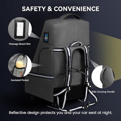 RUCYEN Rolling Car Seat Travel Bag, Padded Carseat Travel Backpack for Airplane,Large Durable Travel Bag with 4 Wheels,Adjustable Shoulder Strap and Waterproof Base Dark Grey