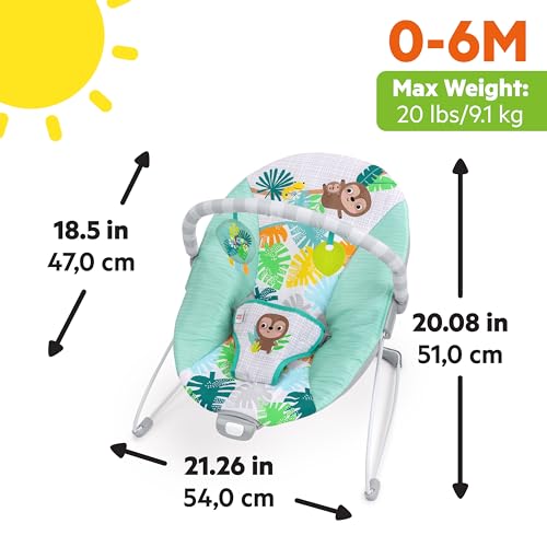 Bright Starts Wild Wonders Vibrating Baby Bouncer, Removable Toy Bar with 2 Toys, Nonslip Feet, 0-6 Months Up to 20 lbs