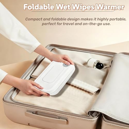 Wet Wipes Warmer, Wipe Warmer Cordless with 3 Adjustable Temperature, Foldable Portable USB Wipe Heater and Dispenser, Digital Display Space Saving Wipe Warmer with Lid for Home Outdoor Travel (White)