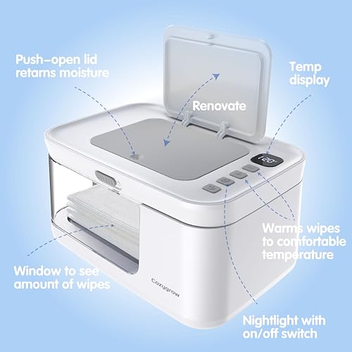 Cozygrow Baby Wipe Warmer with LED Light & Transparent Viewing Window, Adjustable 95℉-131℉, 1.5 Meter Plug Cord