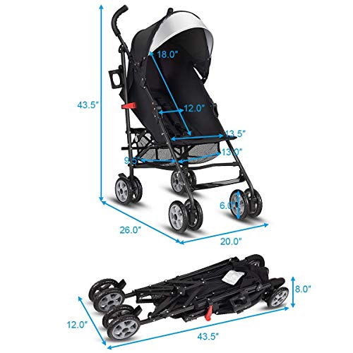HONEY JOY Baby Lightweight Stroller, Compact Travel Stroller for Airplane, Adjustable Backrest & Canopy, 5-Point Harness, Cup Holder, Storage Basket, Foldable Umbrella Stroller for Toddlers (Black)