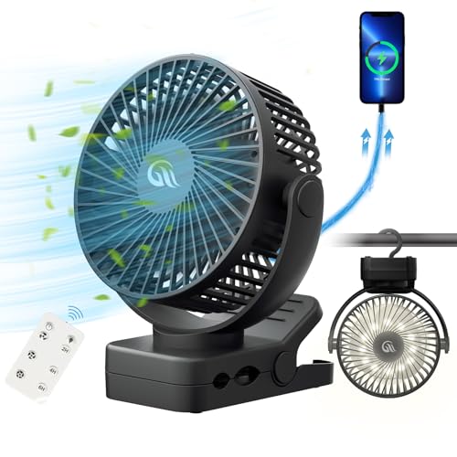 OUTERFAN Portable Fan with Remote Control & Timer & LED Lights, 60hrs 12000mAh USB Rechargeable Battery，Clamp/Hanging/Stand Up, Small Clip on Fan for Baby Stroller, Bed, Desk, Camping Tent, Travel