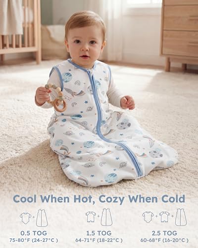 Nyessmee Baby Sleep Sack 0-6 Months 0.5 TOG, 100% Cotton Baby Wearable Blanket 2 Pack with 2-Way Zipper, Lightweight Sleep Bag for Boys ＆ Girls Newborn Infant Breathable Sleeing Sack Blue Rokets