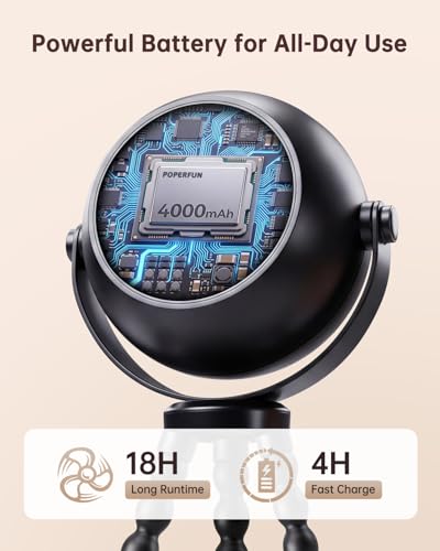 POPERFUN Portable Stroller Fan, Ultra-Long Battery Operated Rechargeable Personal Fan, Bladeless Octopus Tripod Clip Fan with 3 Wind Speeds for Baby Travel Bedroom Office Stroller Car Seat