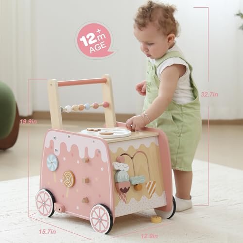 Wooden Baby Walker, Multifunctional Ice Cream Cart Activity Toy for Learning to Push Walk with Wheels, Pretend Playset Ideal for Toddlers, Boys and Girls Ages 18-36M