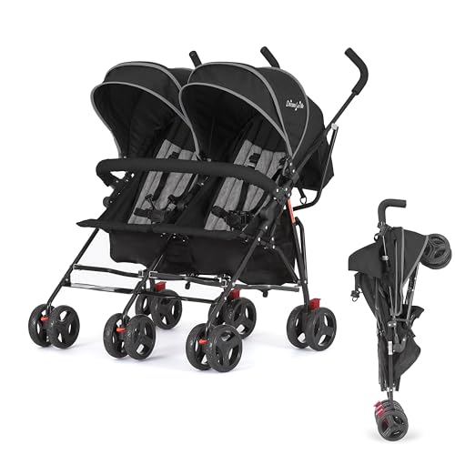 Dream On Me Volgo Twin Baby Stroller, Lightweight Side-by-Side Double Umbrella Stroller with Adjustable Canopy, 5-Point Harness, Storage Basket & Travel-Friendly Fold – Black