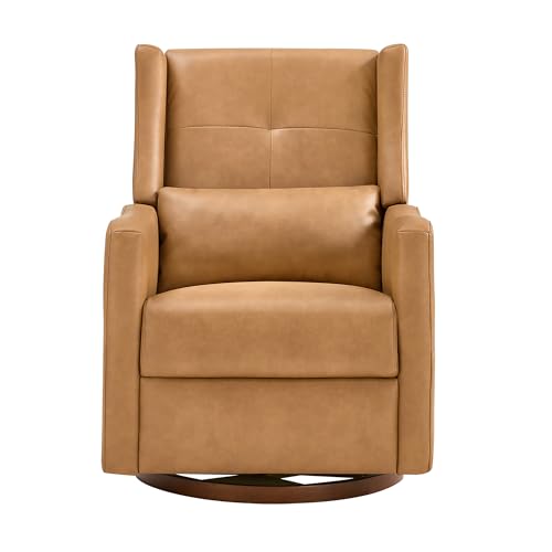 KISLOT Faux Leather Recliner Swivel Glider, 360° Rotation Nursery Chair Upholstered Reclining Rocker with Wood Base for Living Room Bedroom Nursery