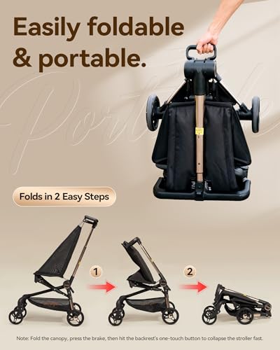 Oneye Travel Stroller for Airplane, Ultra Lightweight Baby Stroller for Toddlers with Canopy, Foldable & Compact Strollers with Jumbo Seat & Large Storage Basket,10.19lb,Stable & One-Hand Fold, Black