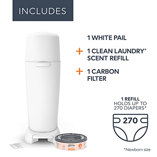 Diaper Genie Complete Diaper Pail (White) – Includes 1 Refill (Holds 270 Newborn Diapers) & 1 Carbon Filter