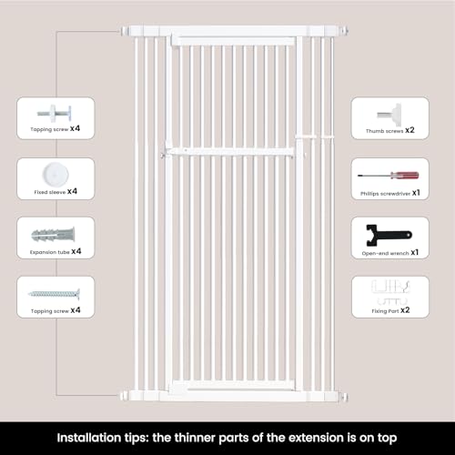 Gardner Pet 51"-87" Extra Tall Cat Gate for Doorway, Wide Adjustable 27.56"-37" Baby Gate Included 4 Extension Kits, Pressure Mounted Safety Full Door Gate for Stairs, Studio, Kitchen (White)