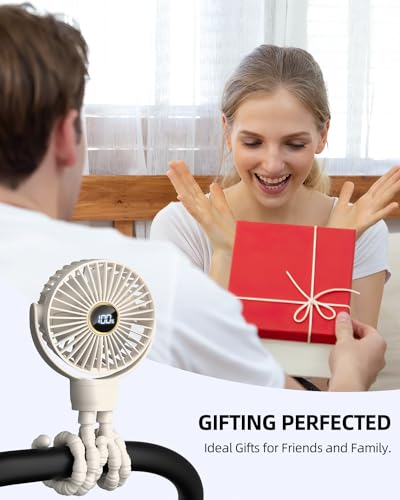 Portable Stroller Mini Fan, Small Rechargeable Personal Fan, Travel Essentials for Baby, Wagon, Car Seat, Treadmill, Battery Powered Biking Gear Accessories, 360° Rotation, 3-Speed, Display, Beige