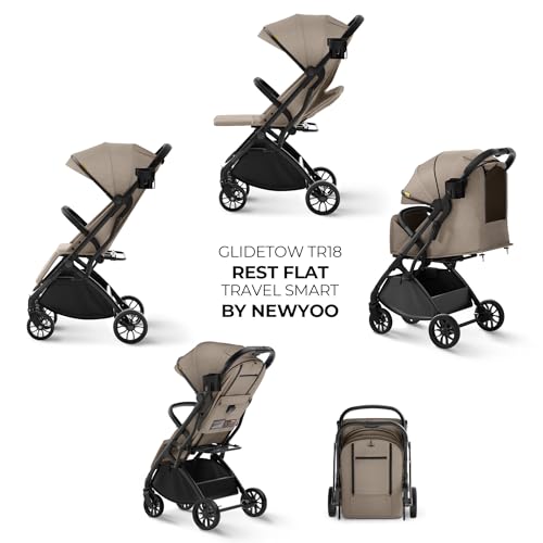 newyoo GlideTow TR18M Travel Stroller, Compact Foldable Baby Stroller with Retractable Handle, Cup Holder, One-Hand Fold, Near Flat Recline Seat, Brown