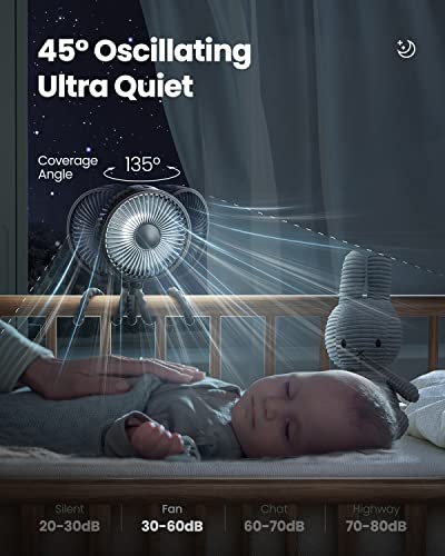 Gaiatop Oscillating Baby Stroller Fan with LED Night Light, 4 Speeds Cooling Rechargeable 360° Rotate Clip On, Battery Operated Small Portable Fans for Car Seat Crib Treadmill Travel Black