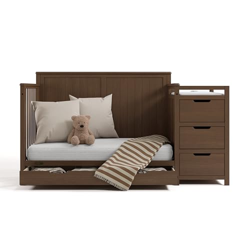 Graco Hadley 5-in-1 Convertible Crib & Changer – GREENGUARD Gold Certified, Fits Standard Crib Mattress, Converts to Toddler Bed and Full Bed, 4 Adjustable Mattress Heights (Hazelnut)