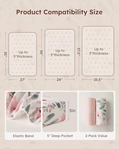 Yoofoss Pack and Play Sheets Girl 2 Pack, 38x26 Mini Crib Sheets Fitted for Baby Compatible with Graco Pack n Play Mattress,Ultra Soft Breathable Microfiber Pink Floral