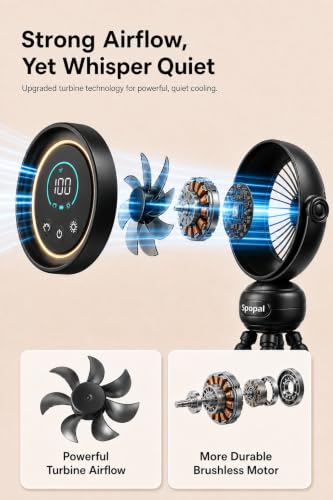 Spopal Portable Baby Stroller Fan, 120° Auto Swing 100-Speed Quiet with LED Display Clip Fan for Stroller, 3-Level Night Light, Powerful Cooling Fan for Car Seat, Crib, Travel - Black