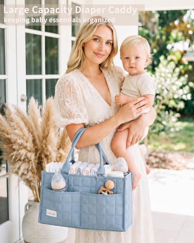 Lullawee Baby Diaper Caddy Organizer, Portable Nursery Storage Basket with Handle for Newborn Boy or Girl, Gift for Baby Shower Essentials, Registry Must Have Bag, Caddie Car Organizer, Blue