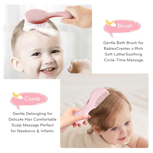 Baby Care Kit, Baby Grooming Kit,6-Piece Newborn Grooming Set with PP Baby Comb & Brush, Silicone Nasal Aspirator, Travel Bottles (60ml/20ml), Toothbrush, Newborn Care Set (Pink)