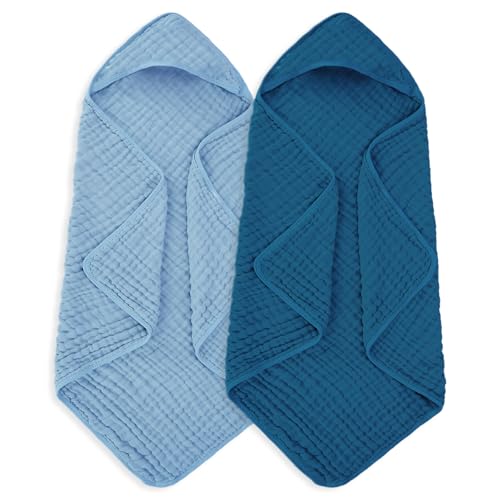 MIGIOL Muslin Baby Towels 100% Cotton ，Super Soft Muslin Baby Bath Towel - 32 x 32 Inches, Suitable for Newborn and Young Children up to 3 Years Old. (Light Blue & Dark Blue)