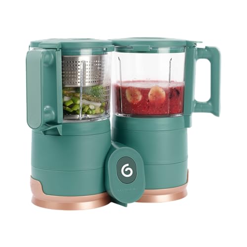 Babymoov Duo Meal Glass Food Maker - Baby Food Processor with Built-in Glass Steamer, Stainless Steel Basket, and Glass Blender (Over 6 Cup Capacity), Dark green