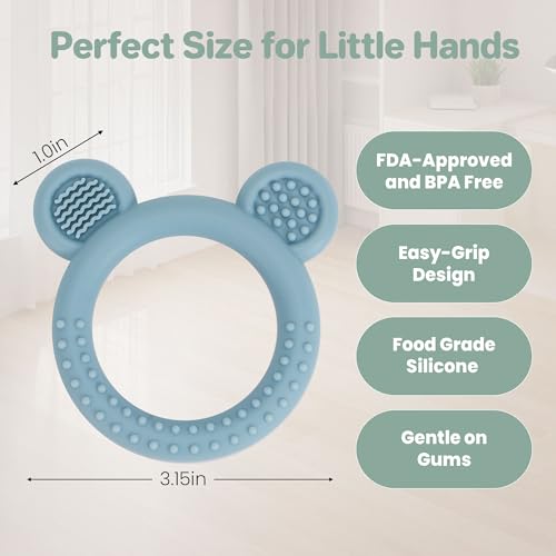 Eascrozn Baby Teething Toys Set of 3, Teethers for Babies 3-6 6-12 Months, BPA Free Soft and Textured Bear Teething Rings Silicone Teething Relief Soothing Sore Gums Baby Chew Toys