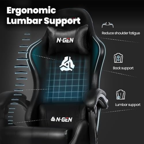 N-GEN GAMING Video Gaming Chair with Footrest Lumbar Support for Home Office High Back Recliner Height Adjustable Ergonomic Comfy Leather Computer Desk Chair (Carbon Black)