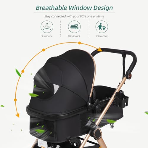 6-in-1 Convertible Baby Stroller with Bassinet Pushchair - Folding Infant Newborn Stroller w/Footmuff, Rain Cover, Cup Holder & Large Storage, Toddler w/All-Scene Large Wheels, Reversible Seat(Black)