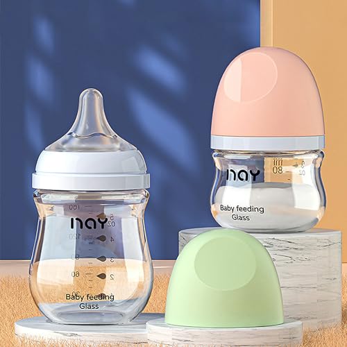 yanyoyo Natural Glass Baby Bottle Wide Neck, Anti-Colic Baby Bottle, Clear, 5.4oz(Pack of 2), Includes 2Pcs Natural Response Nipple(S), 1 Months+