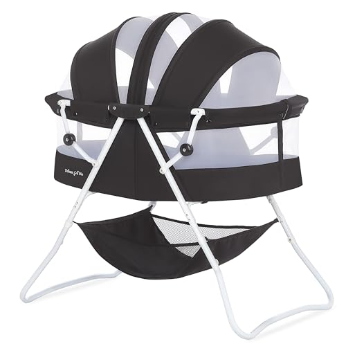Dream On Me Karley Bassinet, Award Winner Lightweight Travel Baby Bassinet, Foldable Bedside Sleeper, Adjustable Double Canopy, Spacious Design, Soft Fabric, Storage Basket – Black