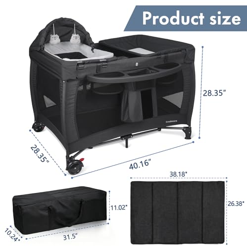 Cradlecare 5 in 1 Pack and Play with Bassinet & Changing Table, Portable Foldable Playpen for Babies and Toddlers with Locking Wheels & Diaper Storage, Easy Fold Travel Playard (Black)