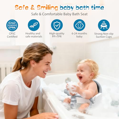 Baby Bath Seat for Babies 6 Months & Up Sitting Up, Non-Slip Baby Bath Chair with Suction Cup, Safe and Comfortable Portable Infant Bath Seat for Bathroom, Bathtub Tub, Easy to Clean (Grey)