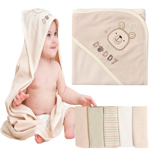 Smluckyg 6 Pack Organic Cotton Baby Bath Set, Ultra Soft Embroidered Hooded Towel and 5 Washcloths, Premium Gentle Newborn, Toddlers Gift for Sensitive Skin, Brown 30 x 30 Inch