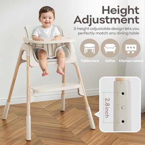 Mloong High Chair for Babies and Toddlers - Adjustable 4-in-1 Baby High Chairs with Dishwasher Tray, Easy Clean Highchair, Beige