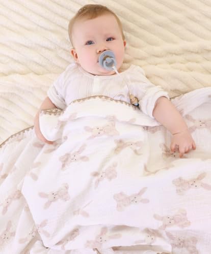 Gunnaicat Baby Soft Muslin Thick Blanket Cotton and Dotted Backing Double Layer Receiving Blanket 40"x40" Bunny