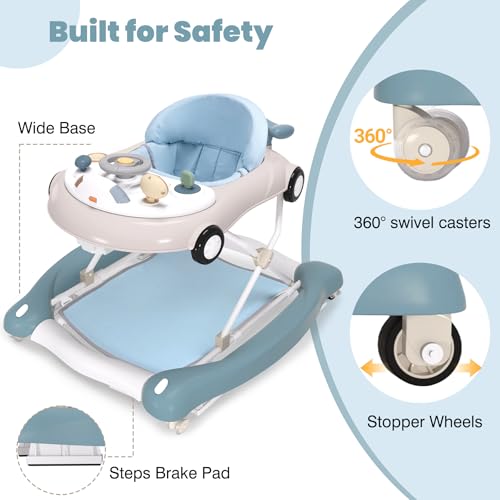 5-in-1 Convertible Baby Walker with Steering Wheel Music Activity Center – Infant Rocker, Jumper, Push Walker, Bouncer & Feeding Foldable Walker for Ages 6-18 Months Boys Girls (Haze Blue)