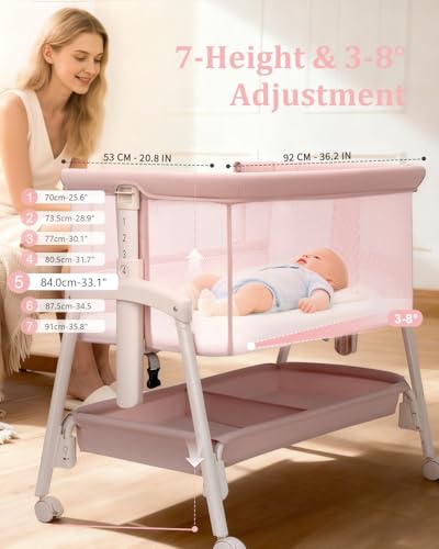 3 in 1 Baby Bassinet with Wheels, Bedside Bassinet Sleeper for Newborn, Portable Baby Crib with 7 Adjustable Height & Large Storage Basket & Full-Mesh, Easy Folding Baby Bed for Infant (Pink)