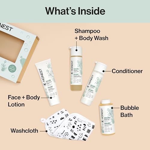 The Honest Company Fragrance-Free Bathtime Gift Set, Hypoallergenic, Bath Essentials for Sensitive Skin, Shampoo and Body Wash, Face Lotion, Bubble Bath, Conditioner, Wash Cloth